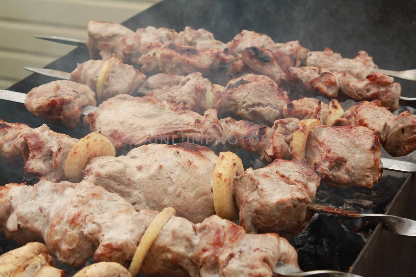 Shish kebab - shashlik - caucasian kitchen. Meat on skewers fried on coals.
