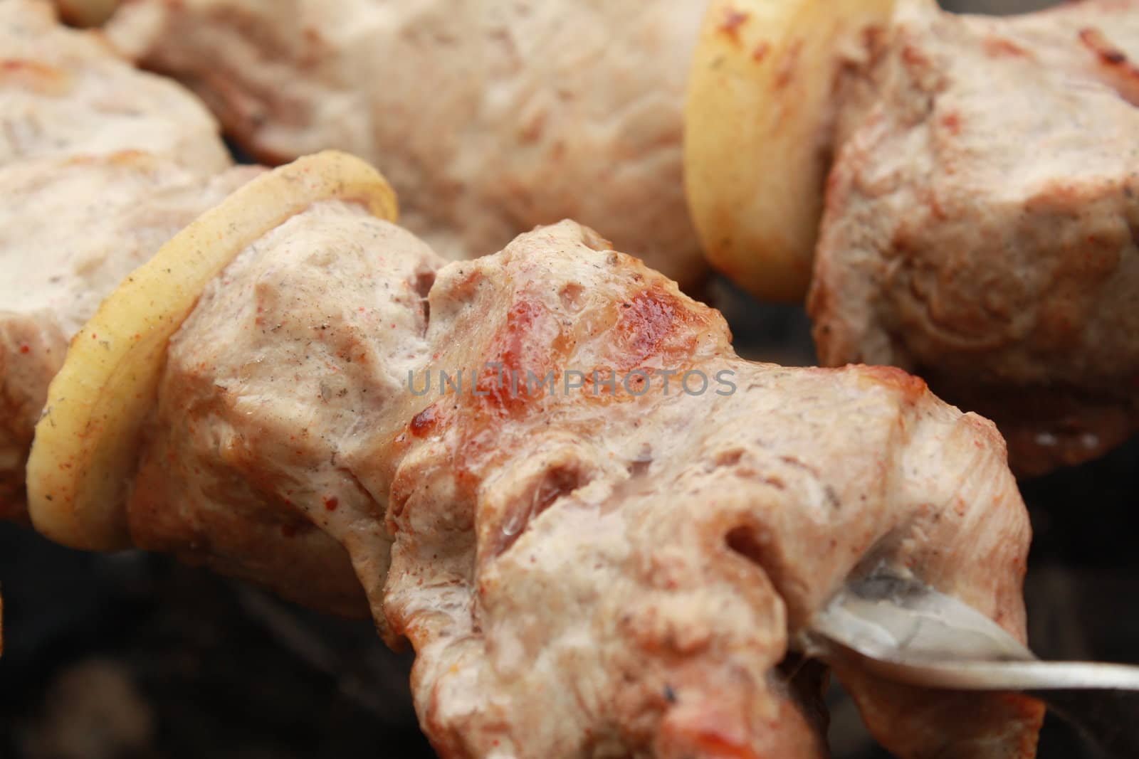 Shish kebab - shashlik - caucasian kitchen. Meat on skewers fried on coals.