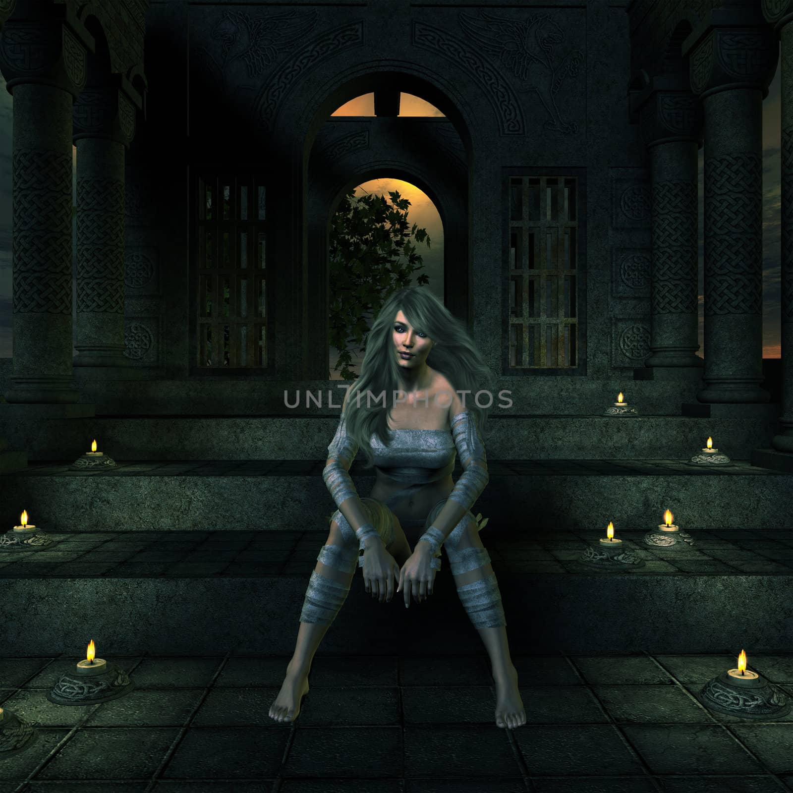 Woman sitting on steps with candles surrounding her.