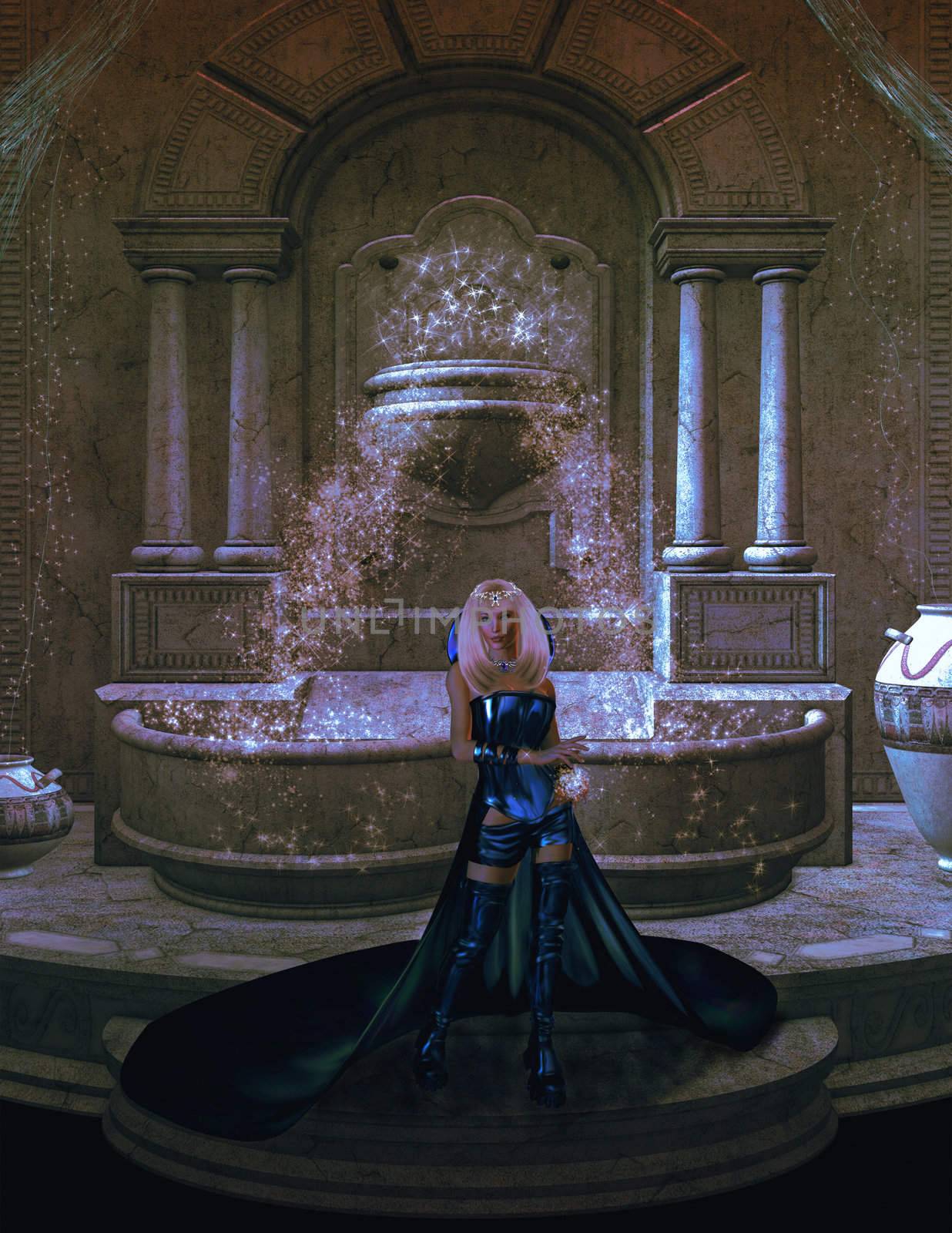 Magical blue mage in front of a magical fountain