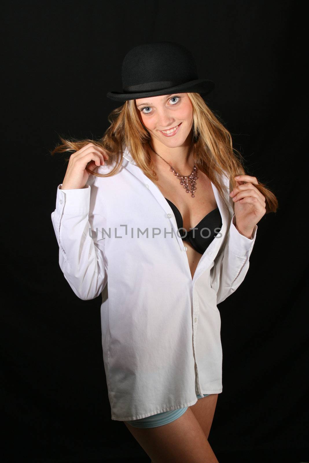 Beautiful young female model with blue eyes