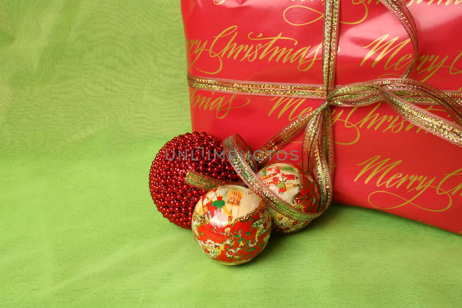Brightly colored christmas gifts and decorations