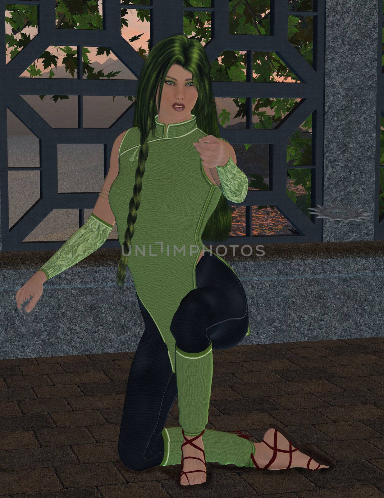 Warrior woman with jade hair, kneeling throwing a star