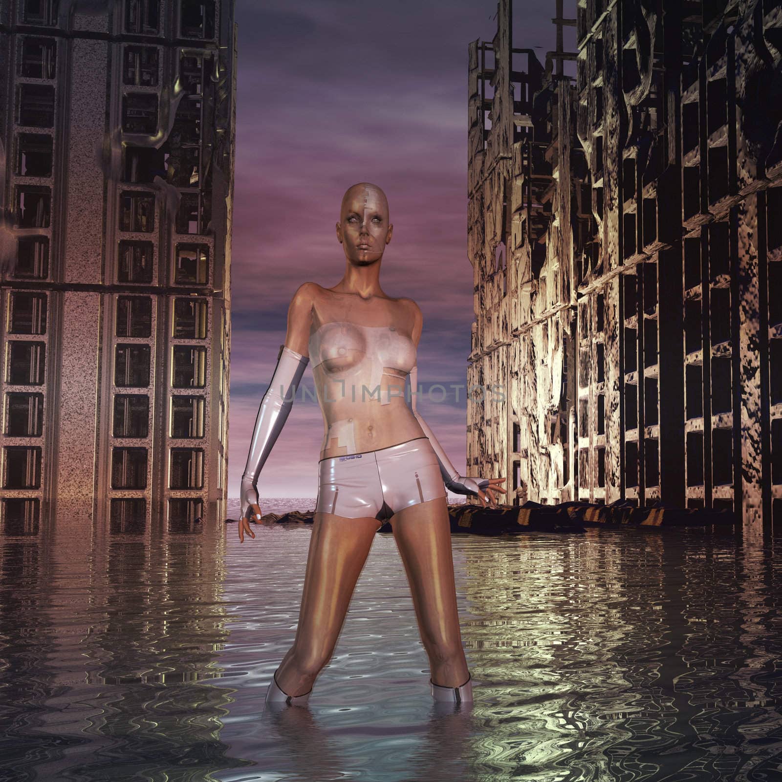 Sci Fi cyborg woman standing by a ruined city underwater