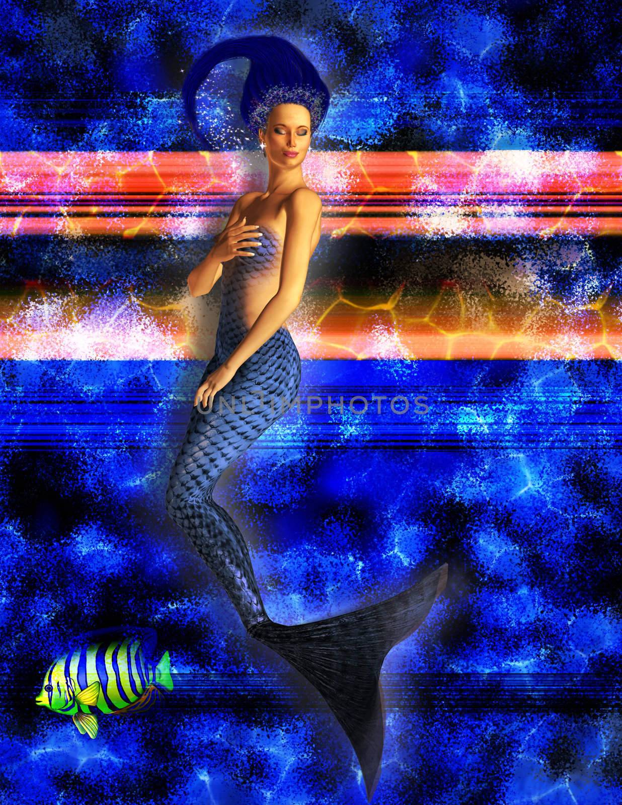 Mermaid swimming with caustic blue background