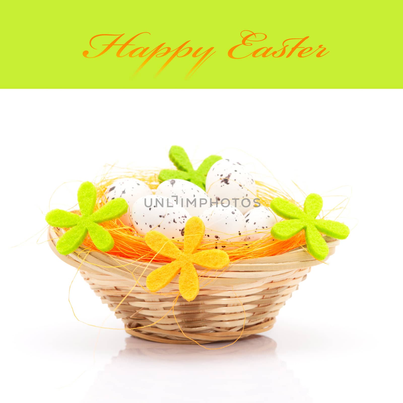 Easter eggs in basket isolated on white background (with space for text)