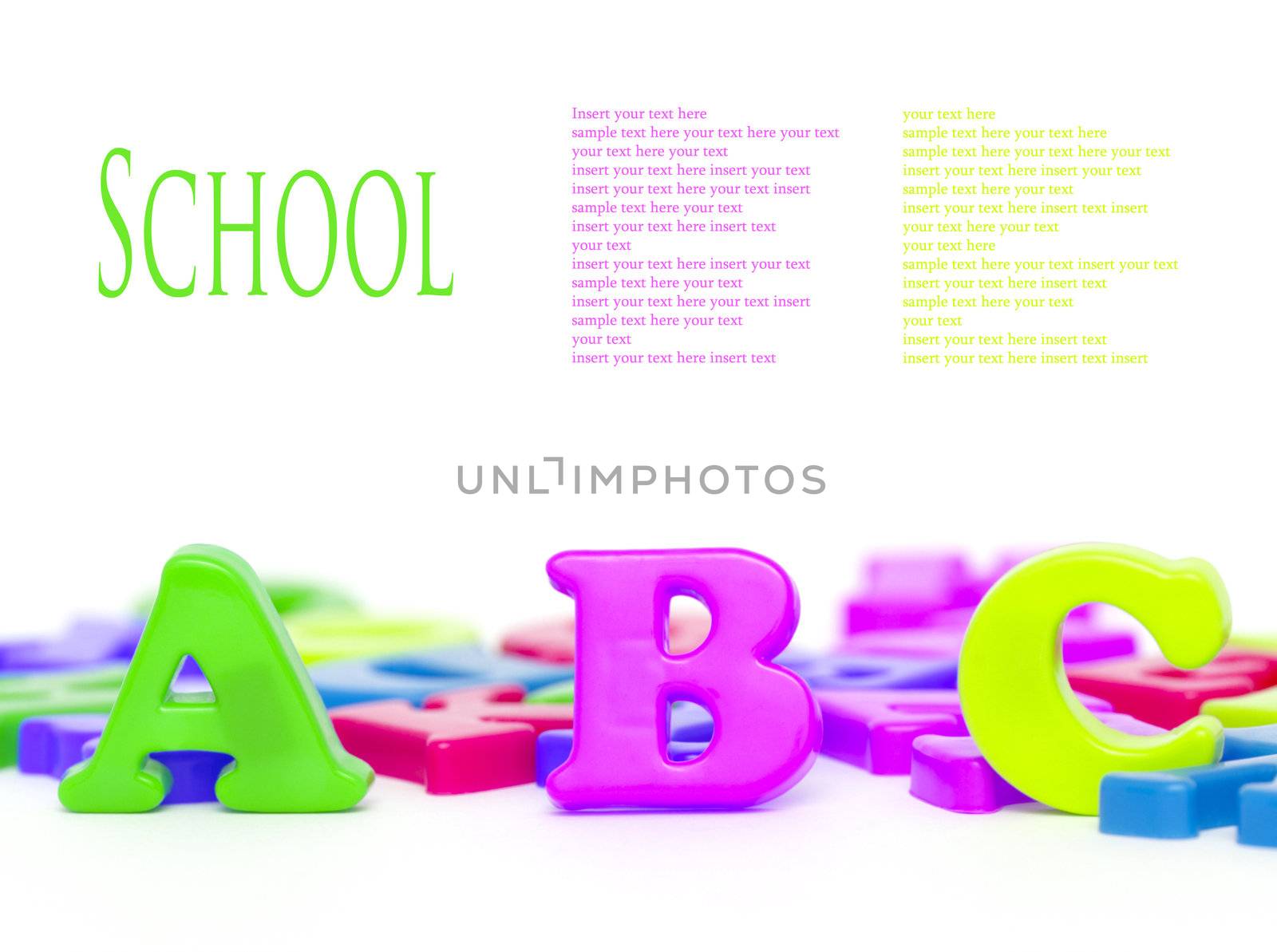 Colorful magnet letters isolated on white background (with space for sample text)