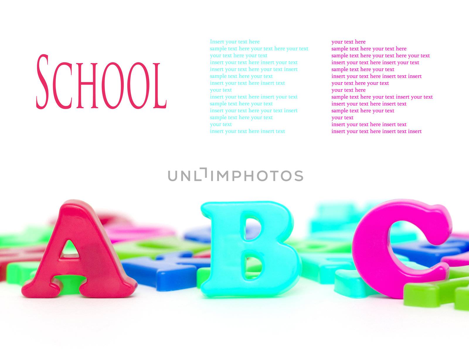 Colorful magnet letters isolated on white background (with space for sample text)