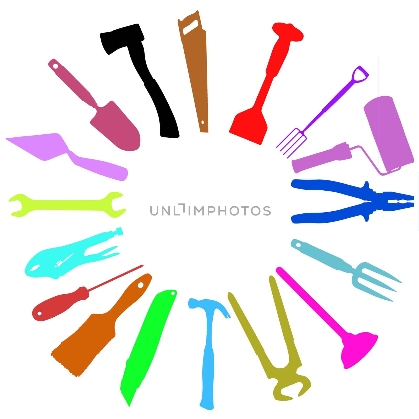 A circle of different coloured tools on a white background