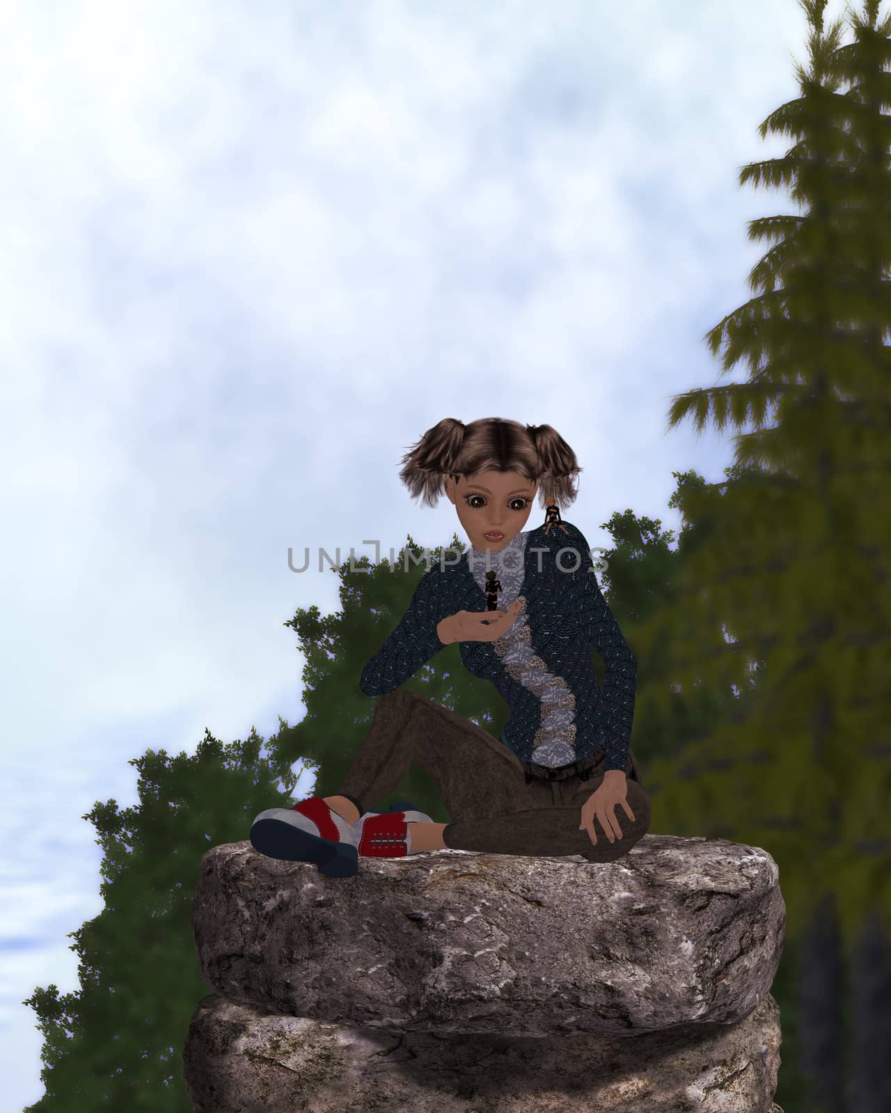 Young girl sitting on a rock talking to two pixies
