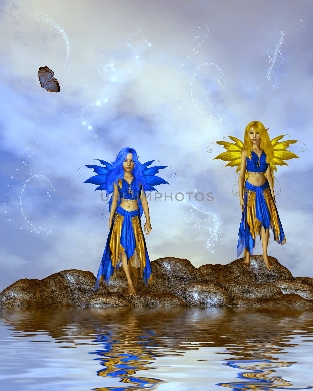 Two fairies standing on rocks in the middle of the ocean