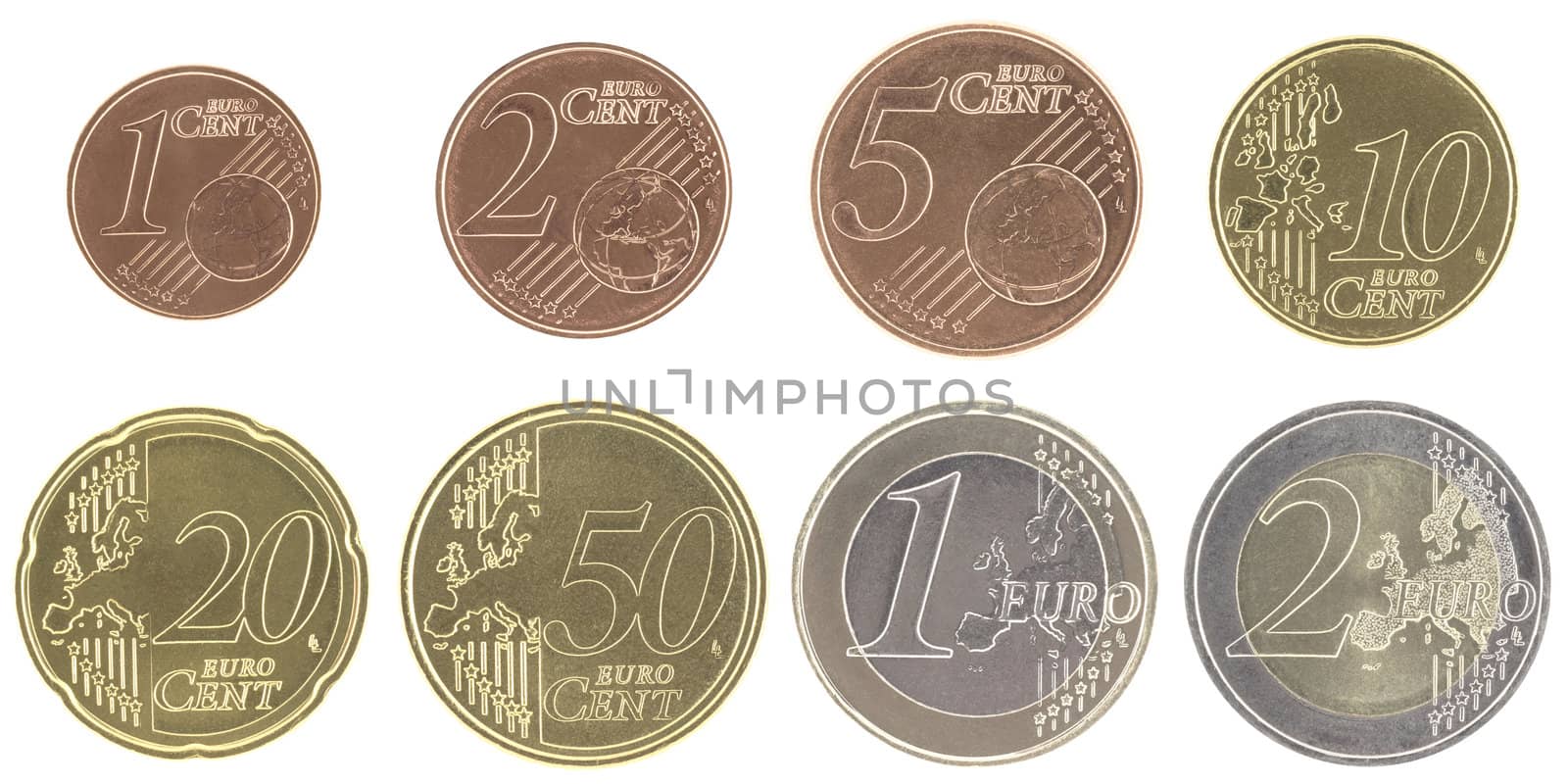 Uncirculated euro coins set with new map isolated in white