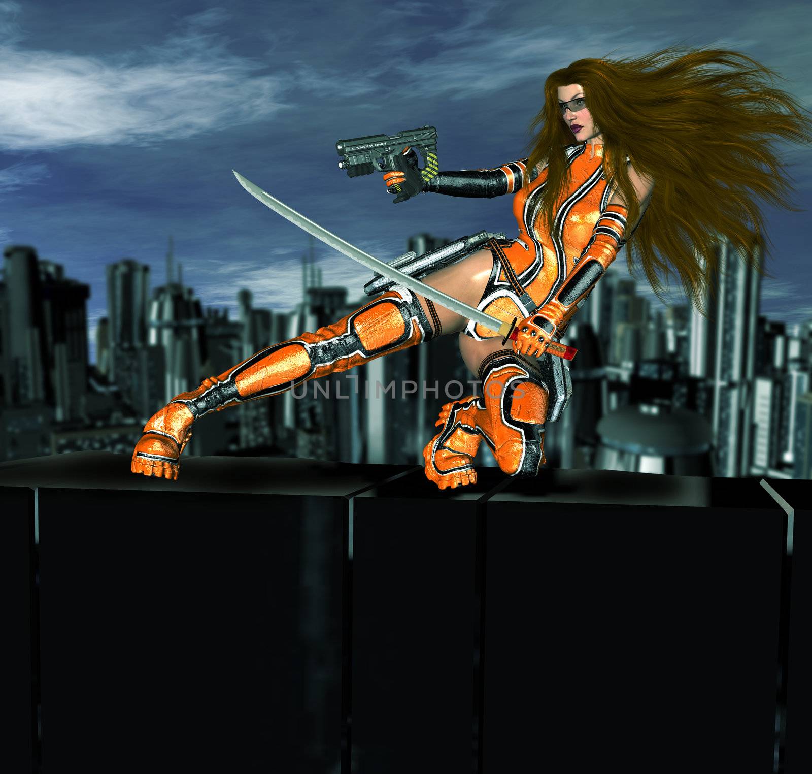 Female cyber girl with a gun and a sword on top of a ledge