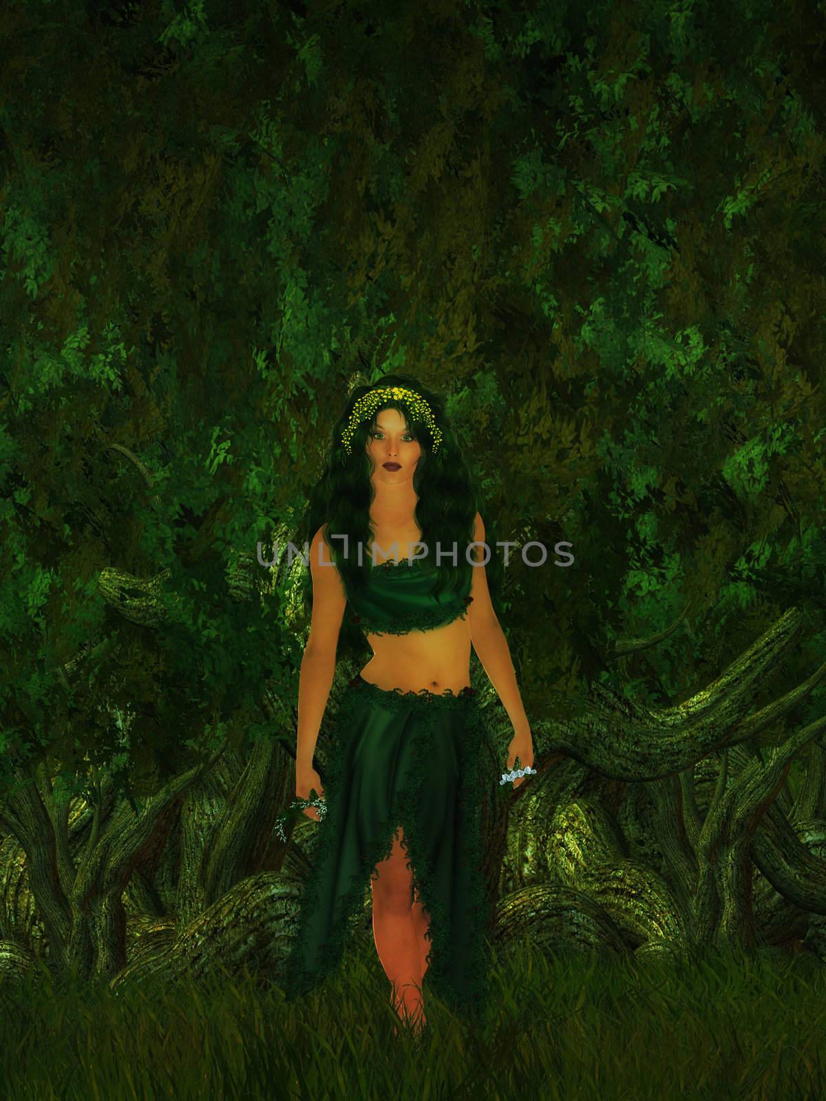 Female fae walking in the forest