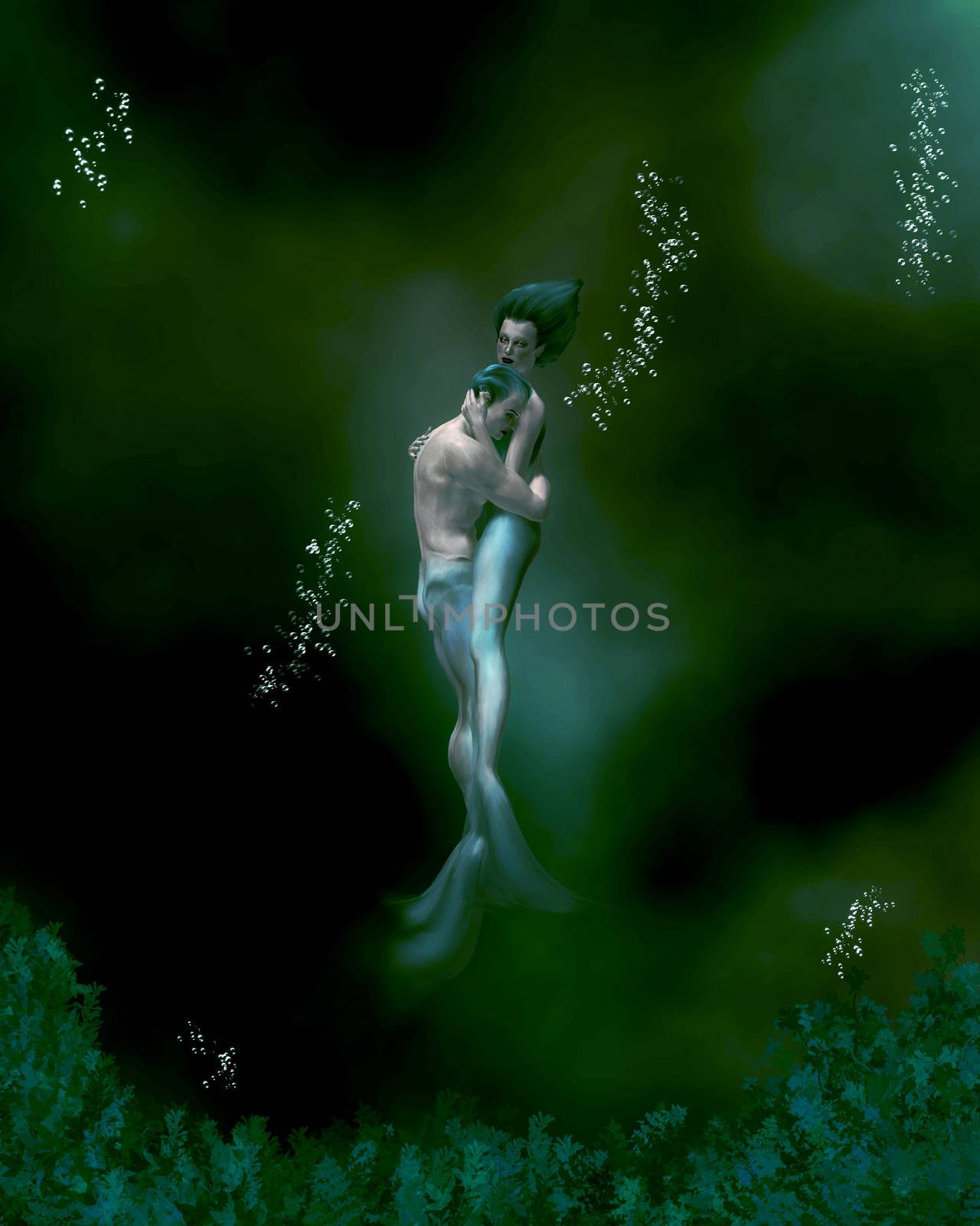 Mermaid couple embrassing underwater