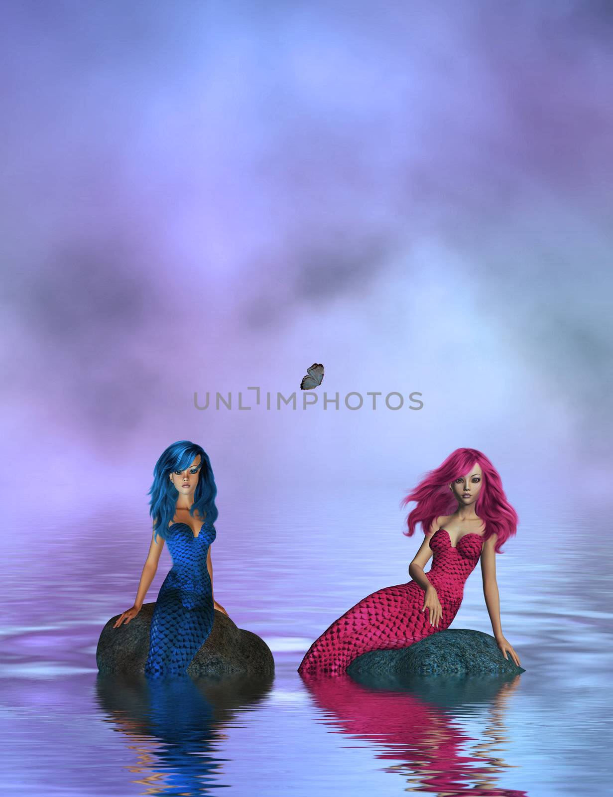 One blue mermaid and one pink mermaid sitting on rocks in the middle of the ocean
