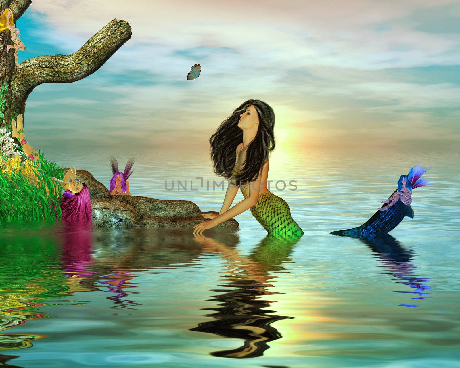 Mermaid surrounded by fairys in the ocean