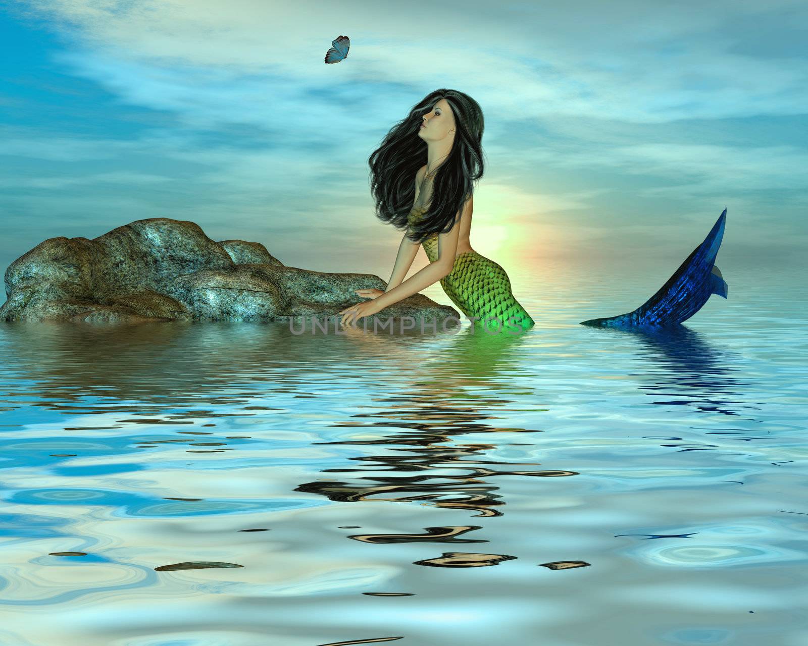 One mermaid in the middle of the ocean looking at a butterfly