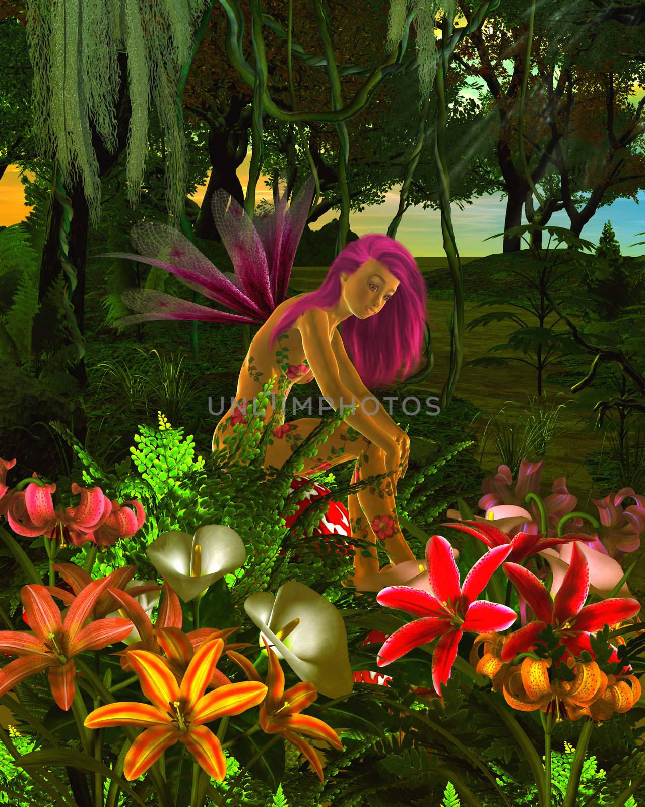 Fairy sittng around flowers in the forest