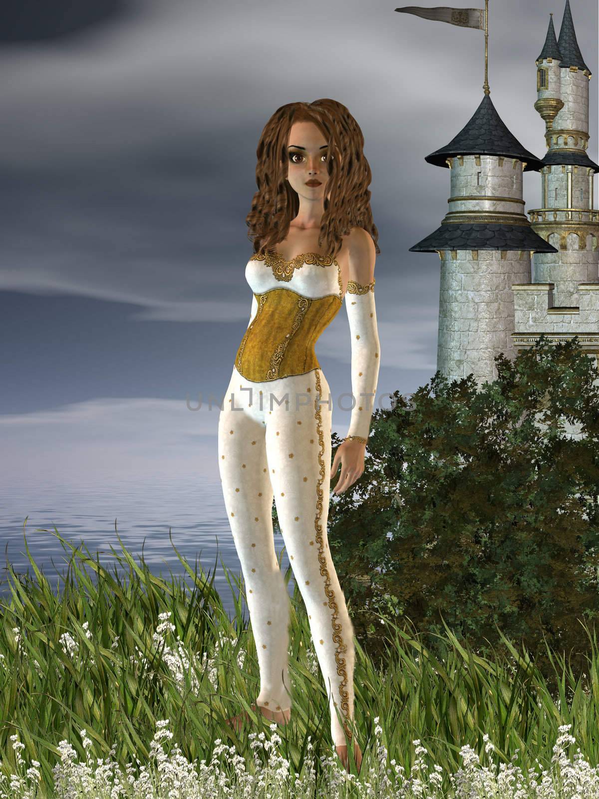 A girl standing in a field in front of a castle