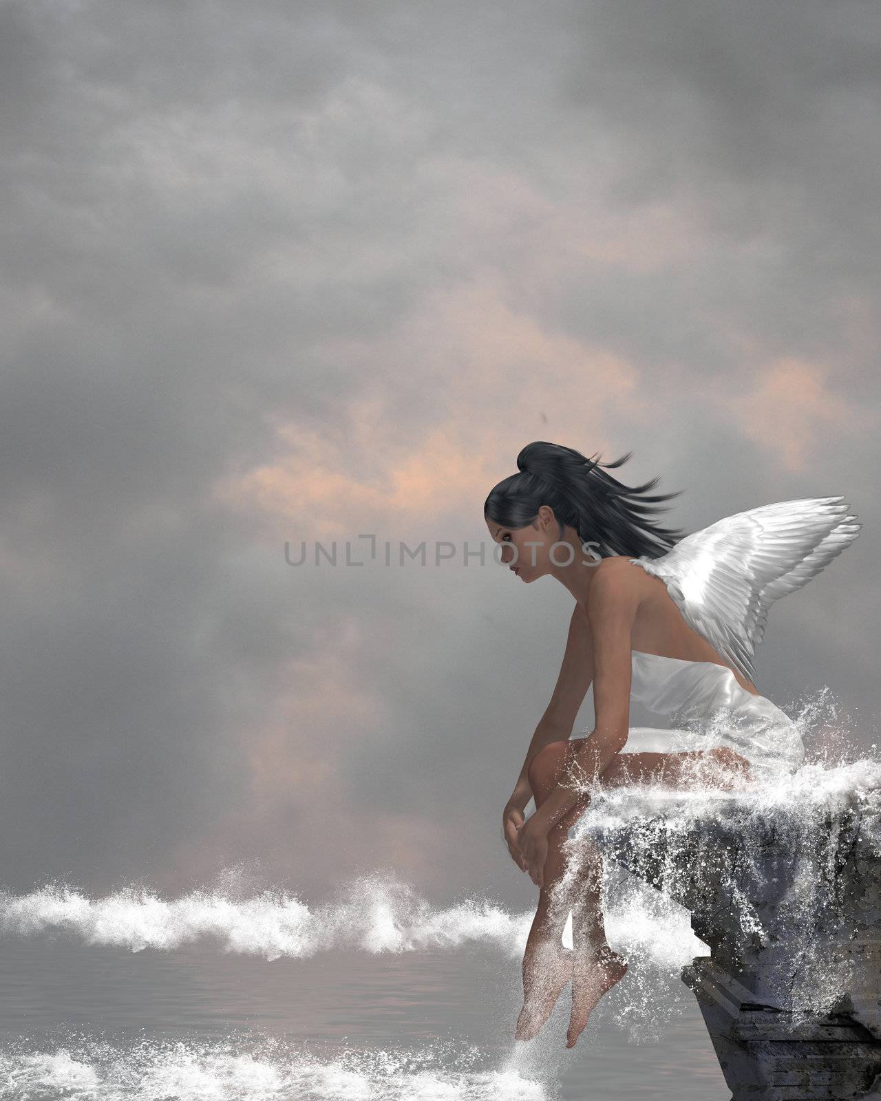 Angel sitting on a ledge waterfall in the ocean