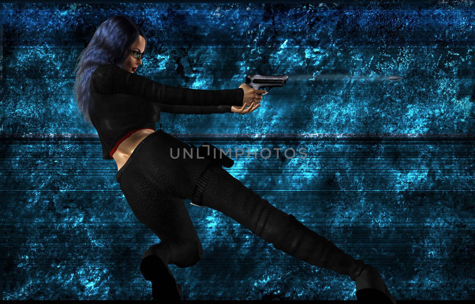Science fiction woman standing and shooting a gun