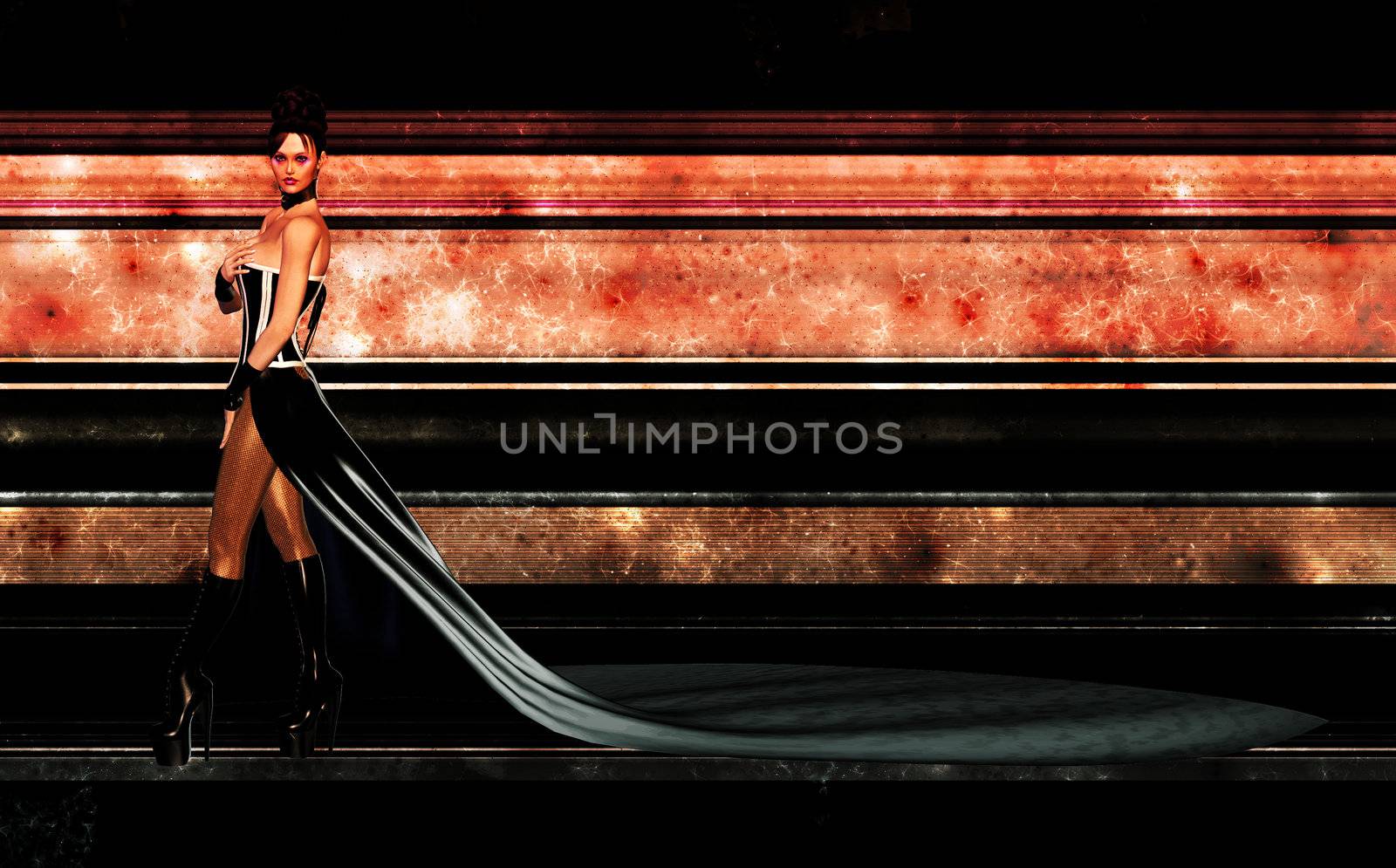 Woman in a corset with a long skirt in front of a metalic background