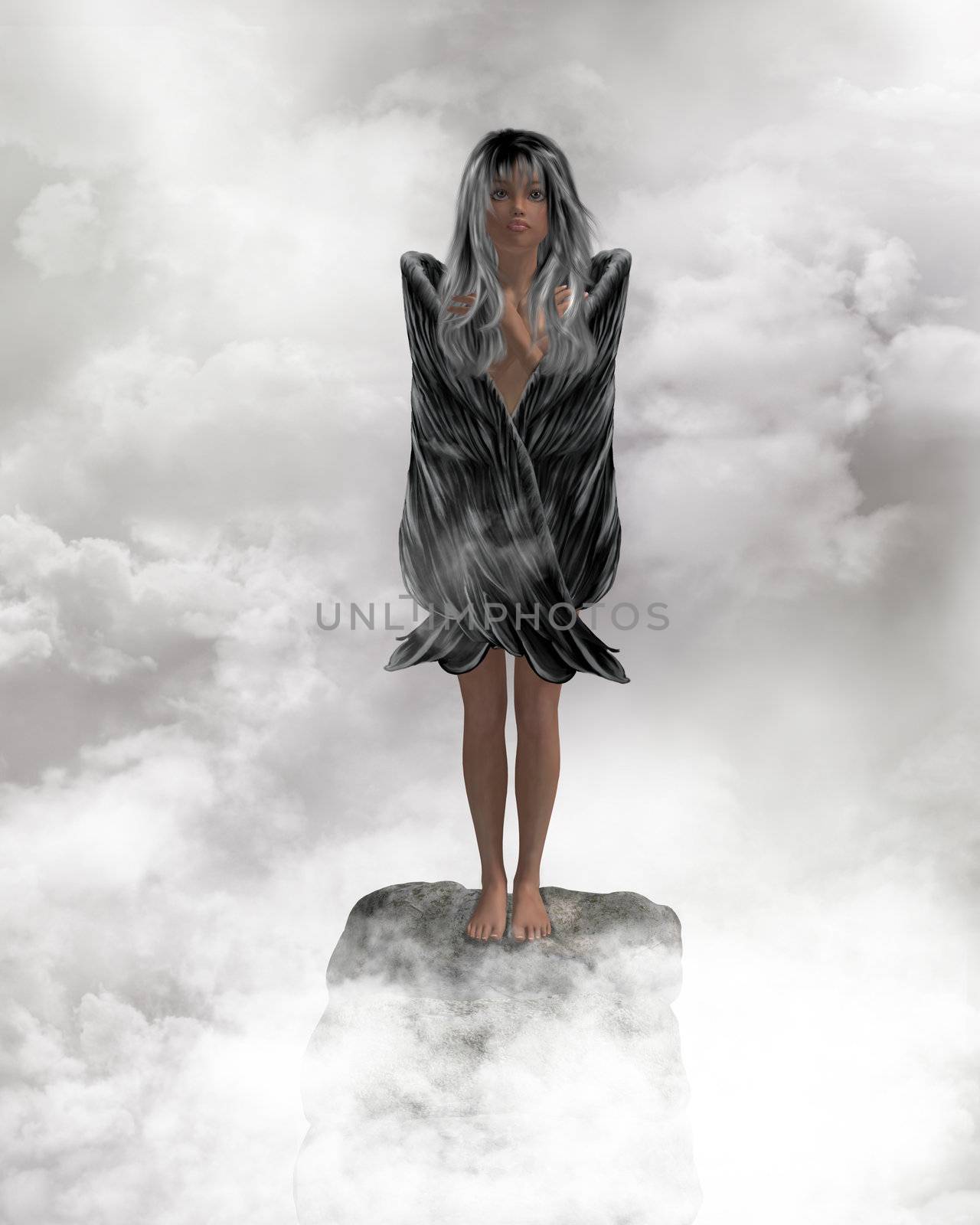 Angel standing on a rock with wings folded on a rock