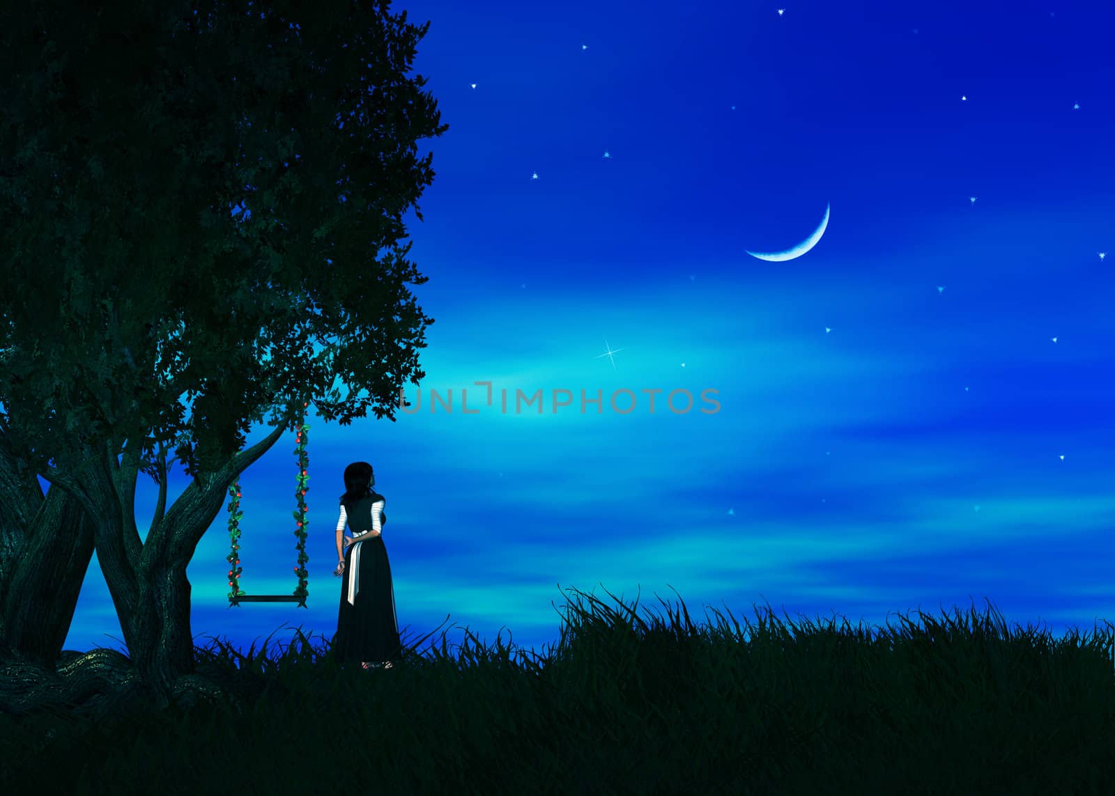 Female standing by a tree wishing upon a star