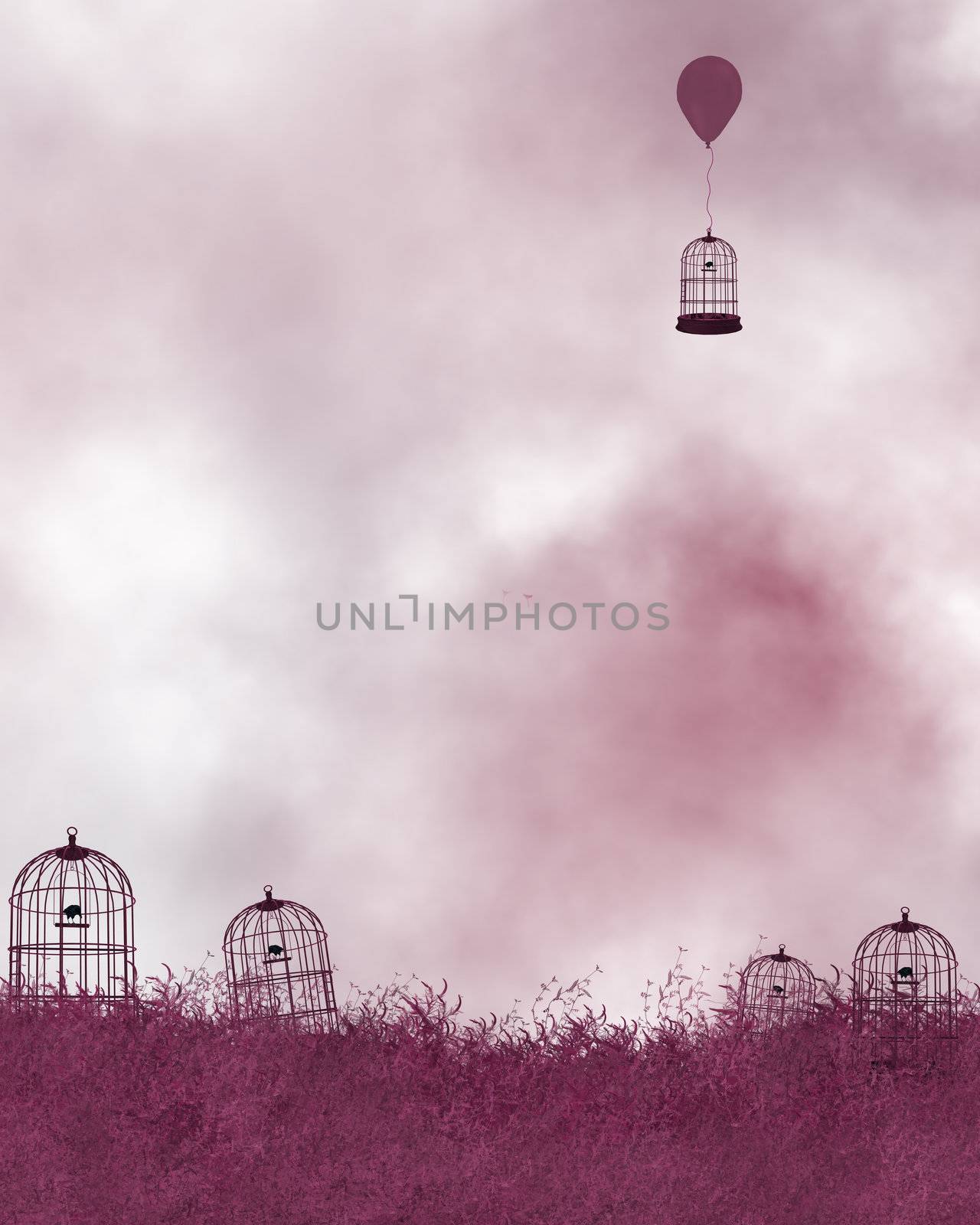 Pink background with birdcages, balloon and pink foliage