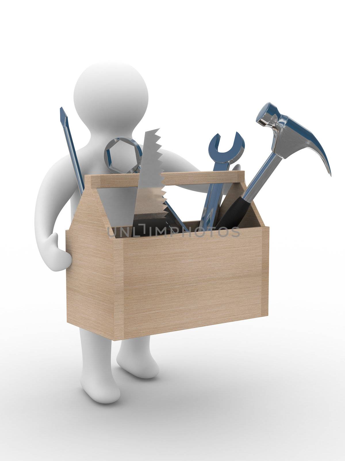 repairman with the tool on white background. 3D image