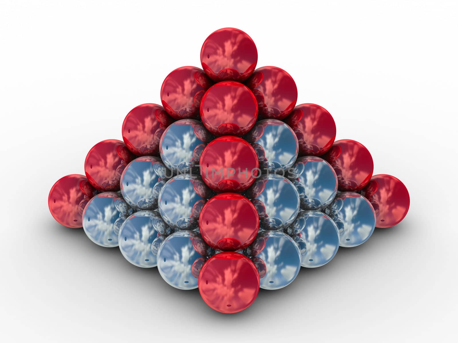 Pyramid from metal spheres on a white background. 3D image