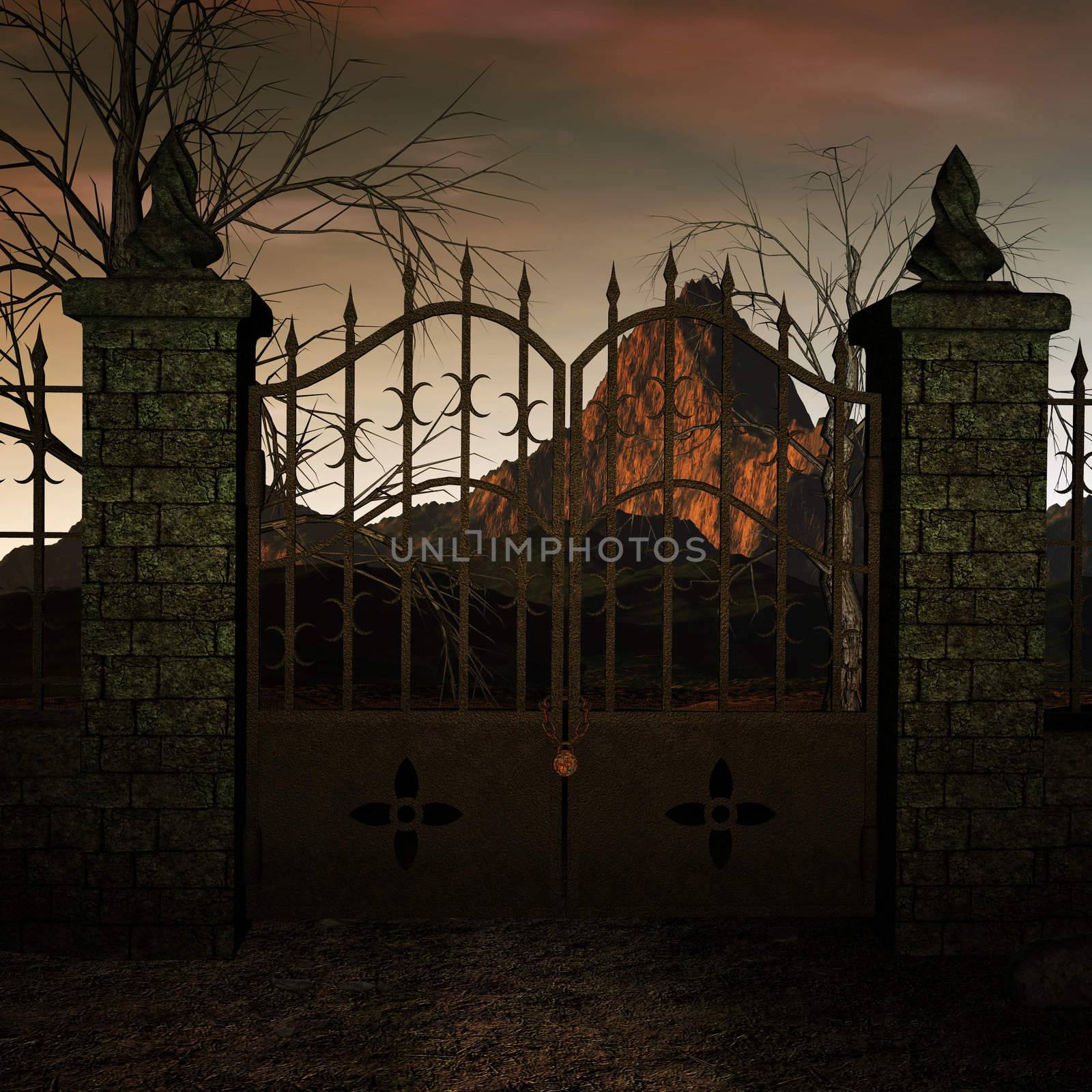 A locked gate with the mountains behind it at sunset