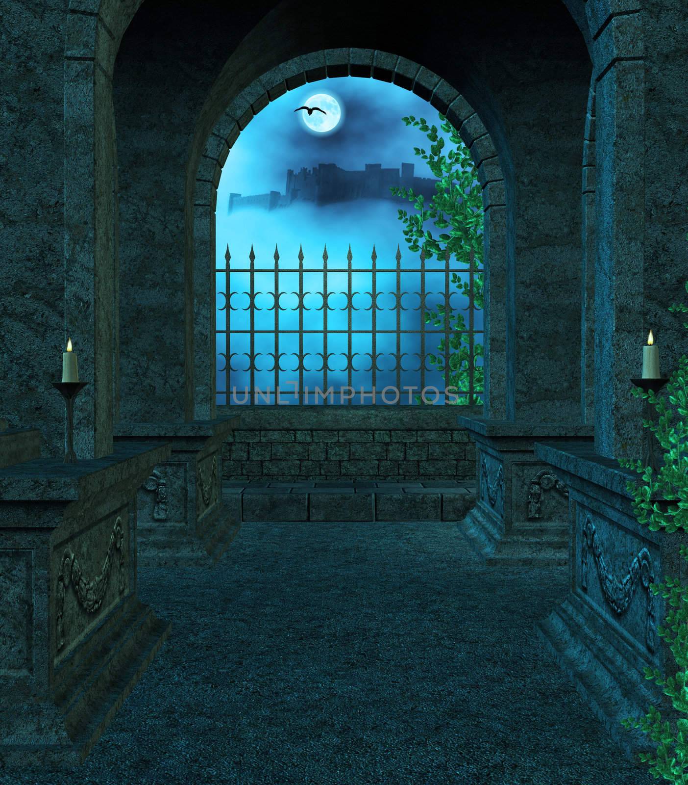 Inside the Mausoleum at night with candles, vines, fog looking out the window towards a castle