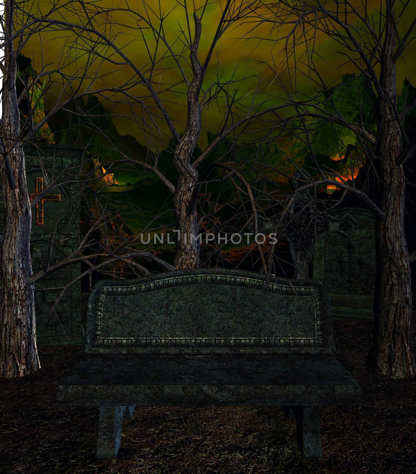 A bench outside in a spooky surroundings