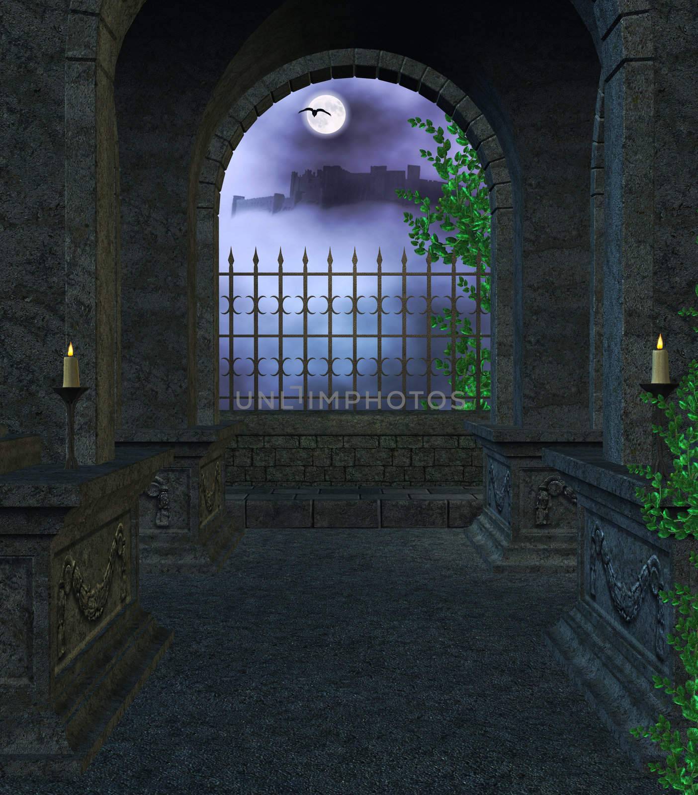 Inside the Mausoleum at night with candles, vines, fog looking out the window towards a castle