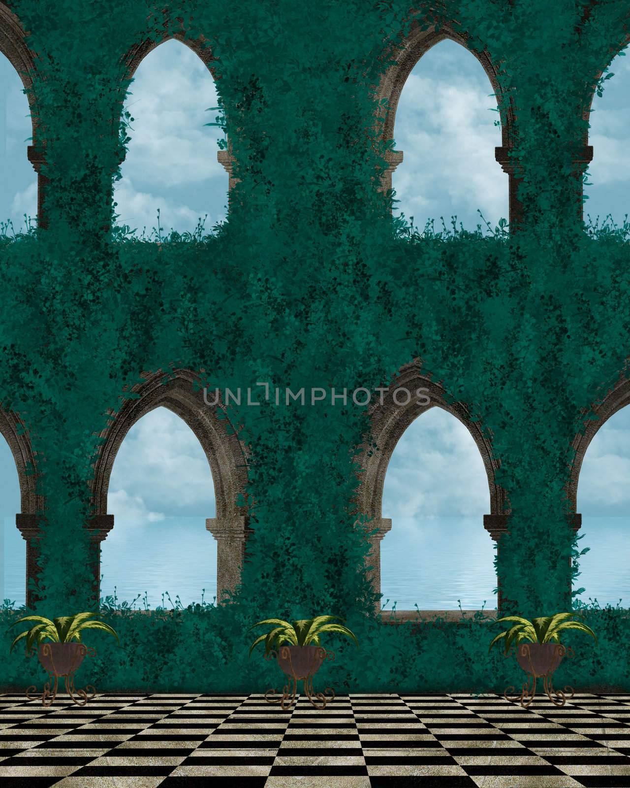 Old Ruin With Green Vines Background by kathygold