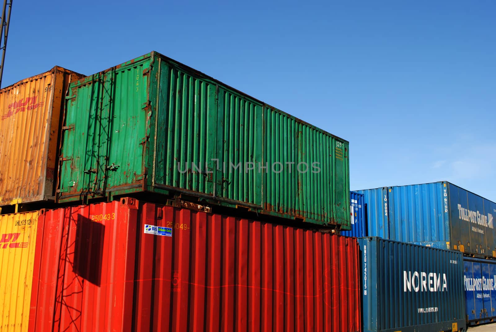 A stack of colorful cargo containers.