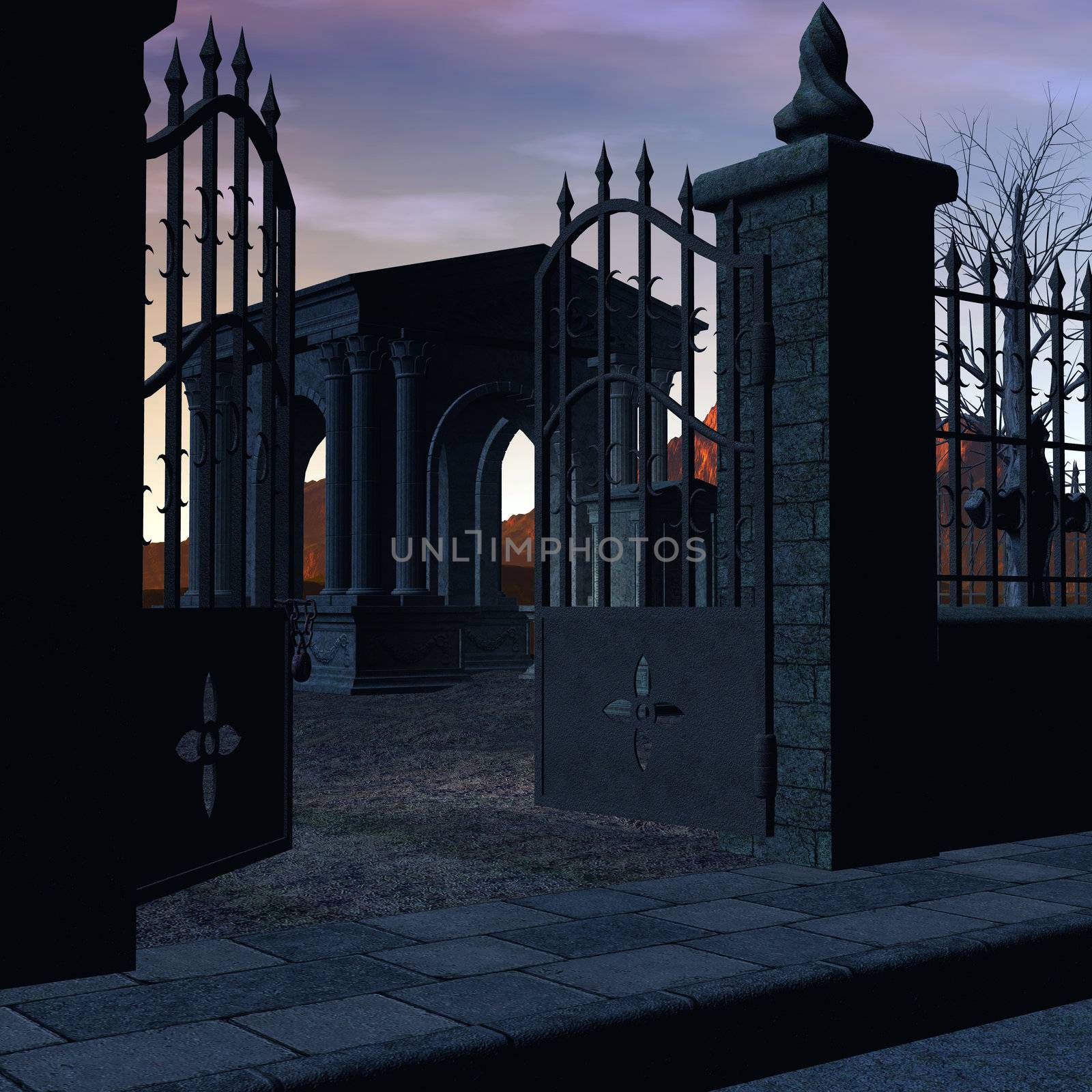 Gated graveyard at sunset with headstones,burals, mausoleum, paved street