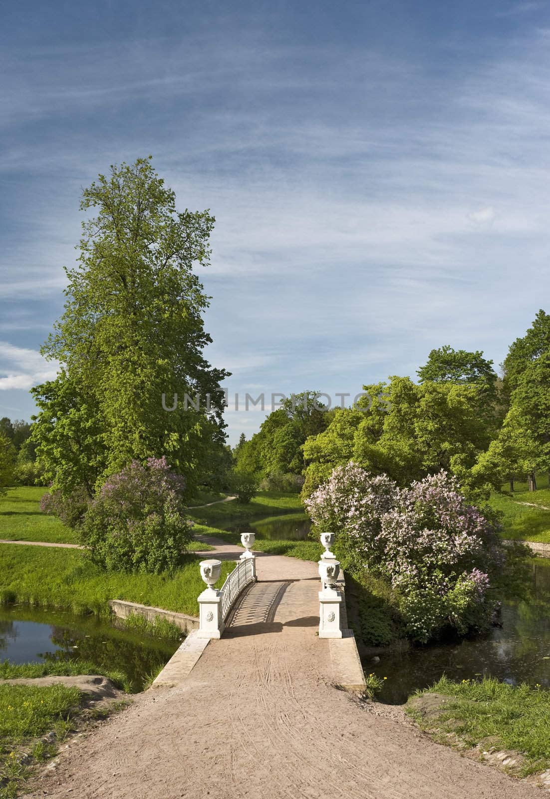 White bridge with vases in the park