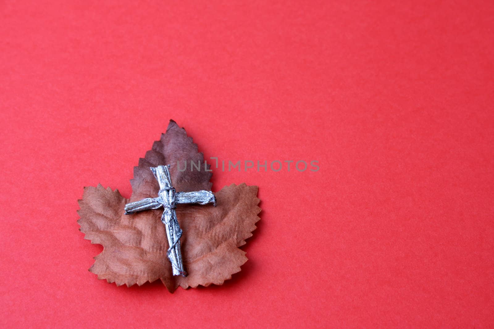 Autumn leaf with a silver cross on a red background
Leather bound bible opened at a piece of scripture