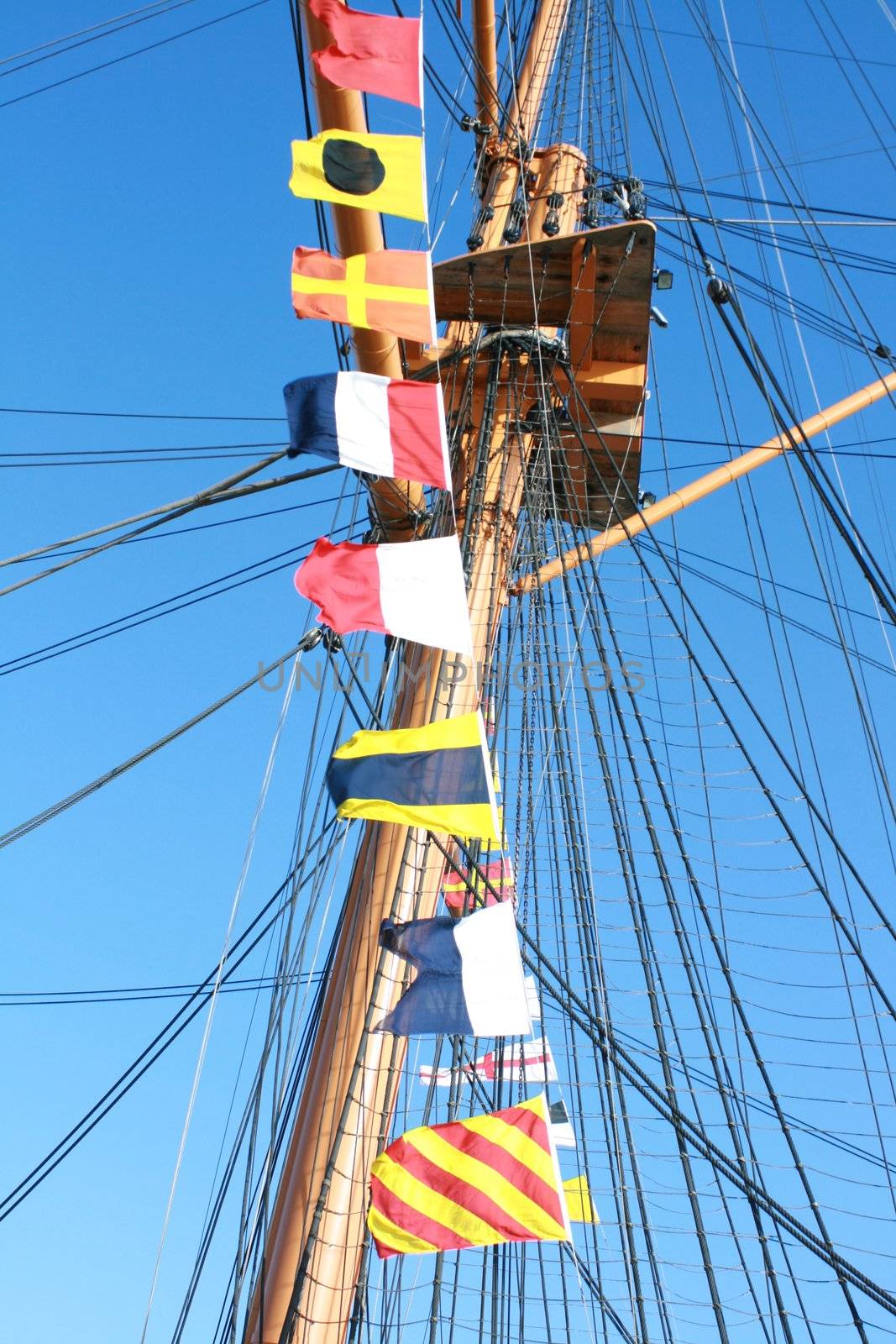 Ships flags,rigging and crows nest on HMS Warrior an iron-hulled, armoured battleship built in 1860. Docked at Portsmouth Historic Dockyard, Hampshire England. Flags spell out the word BIRTHDAY.