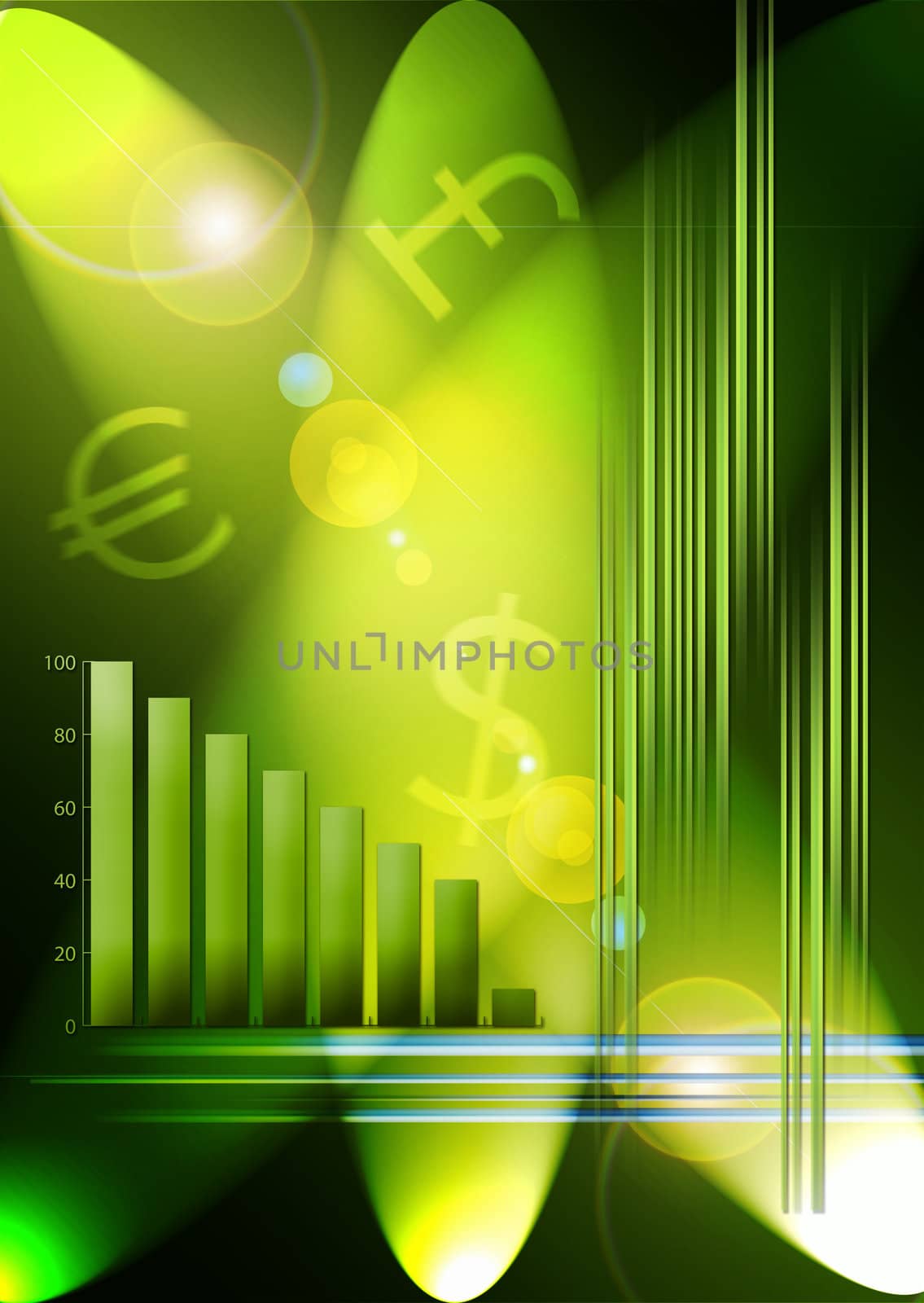 A green based abstract background with generic graph and money symbols. Stock market based.