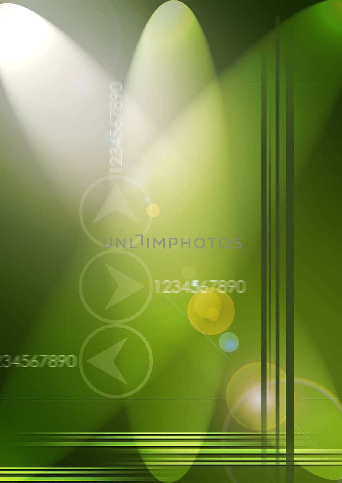 A green based abstract background with light direction and reflections.