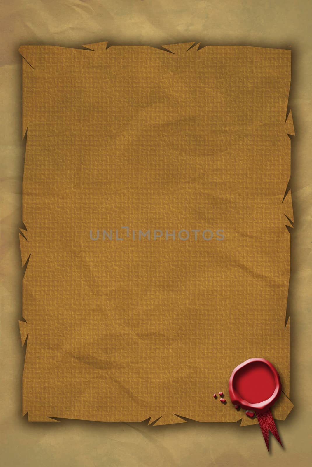 A Red Wax Seal located bottom right on a grunge styled parchment styled paper background.