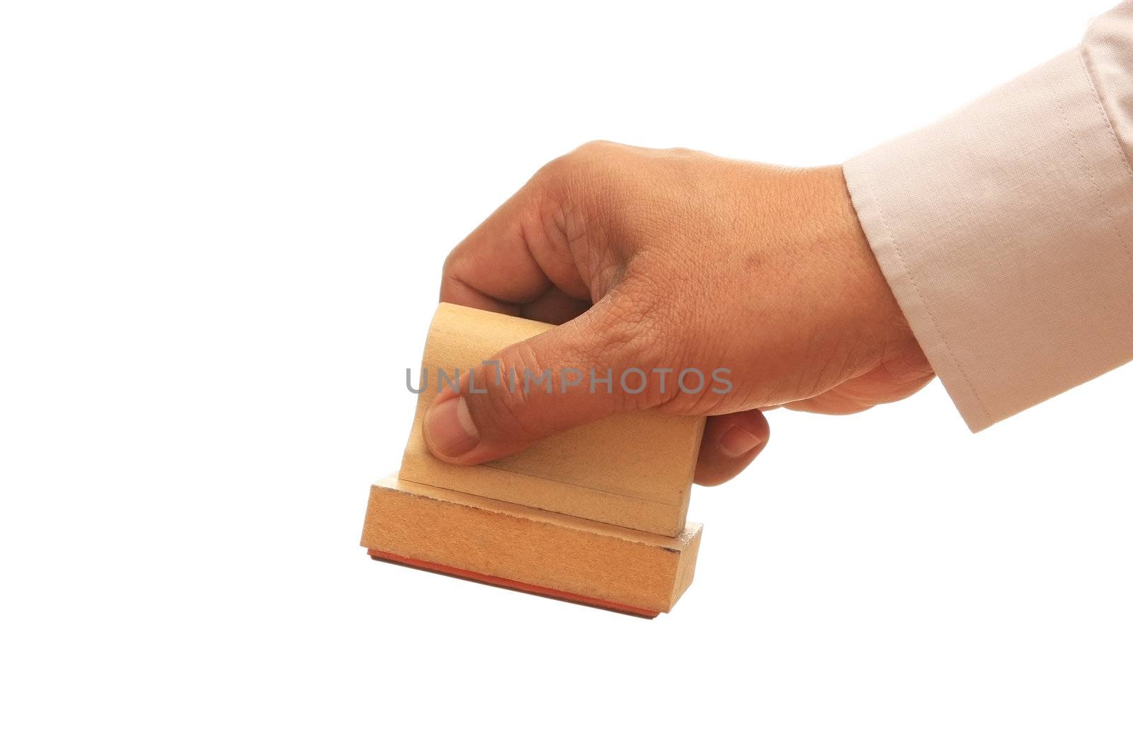 Hand with stamp isolated on white background