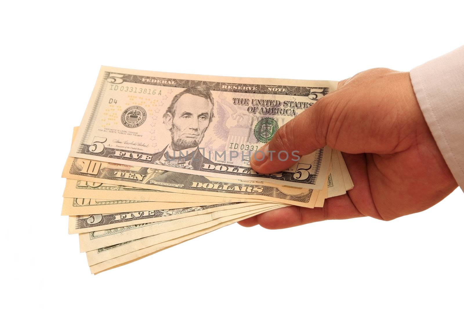 hand holding american dollar bills on white background