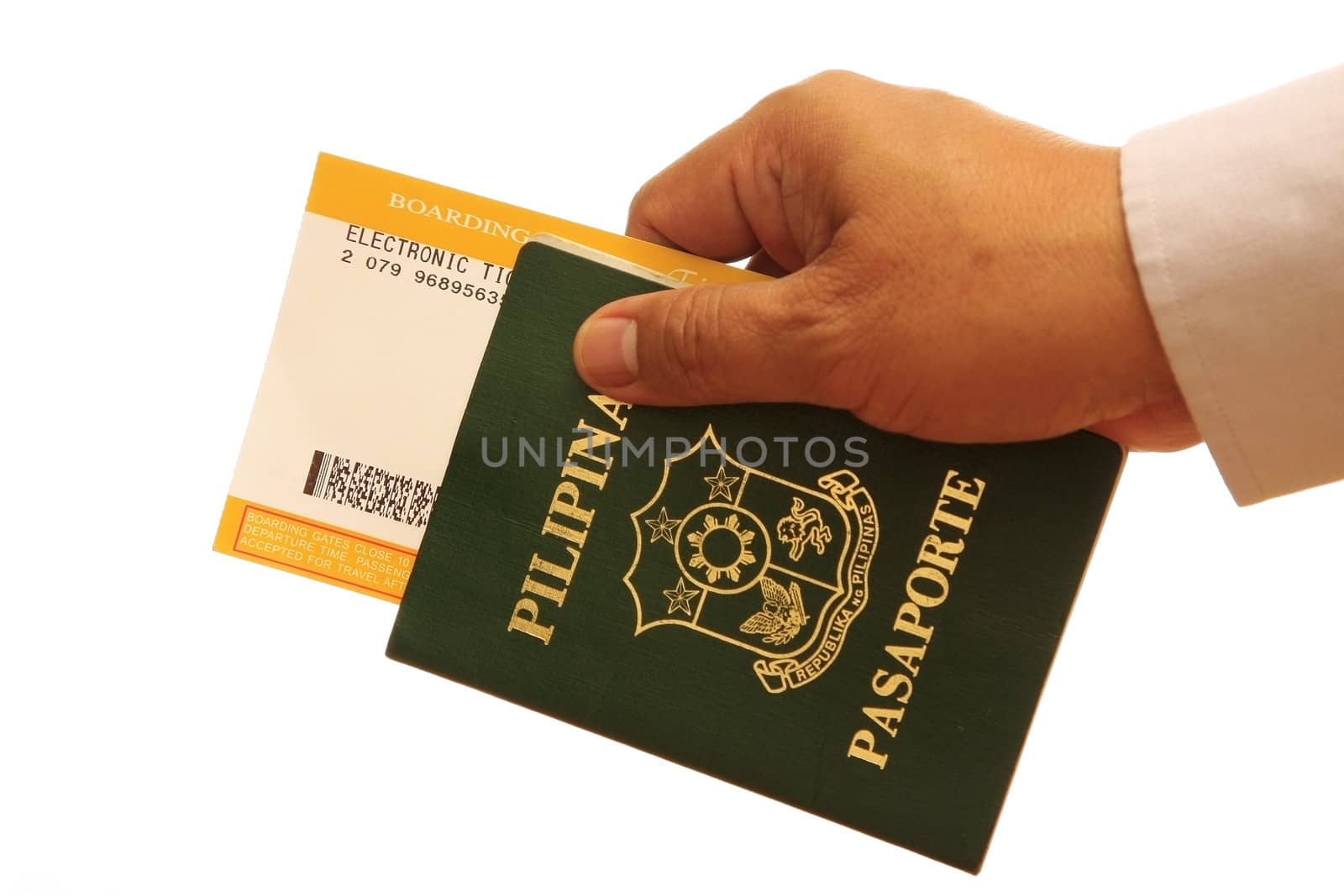 Hand with passport isolated on white background