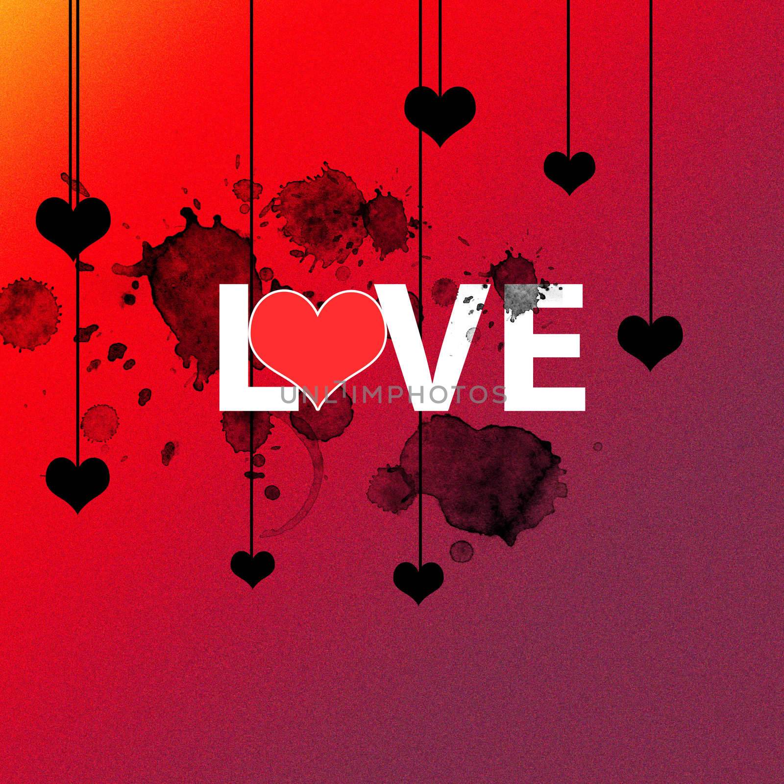 Love with hearts splatters and gradient background.