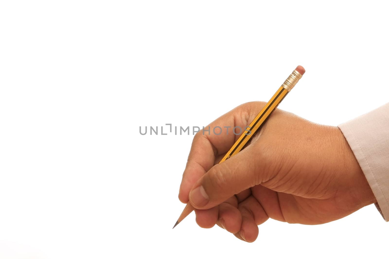 Closeup image of a pencil on a white background.